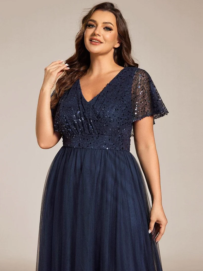 pretty NAVEYA|Robe de soirée formelle à paillettes manches courtes col en V grande taille