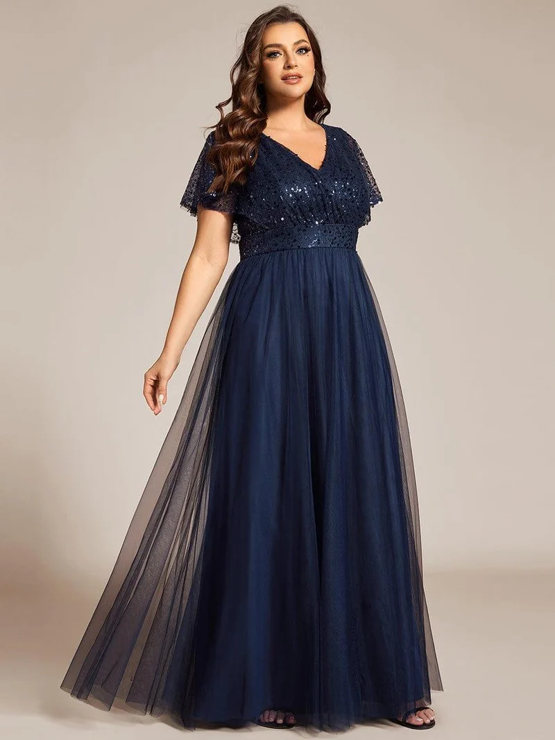 pretty NAVEYA|Robe de soirée formelle à paillettes manches courtes col en V grande taille