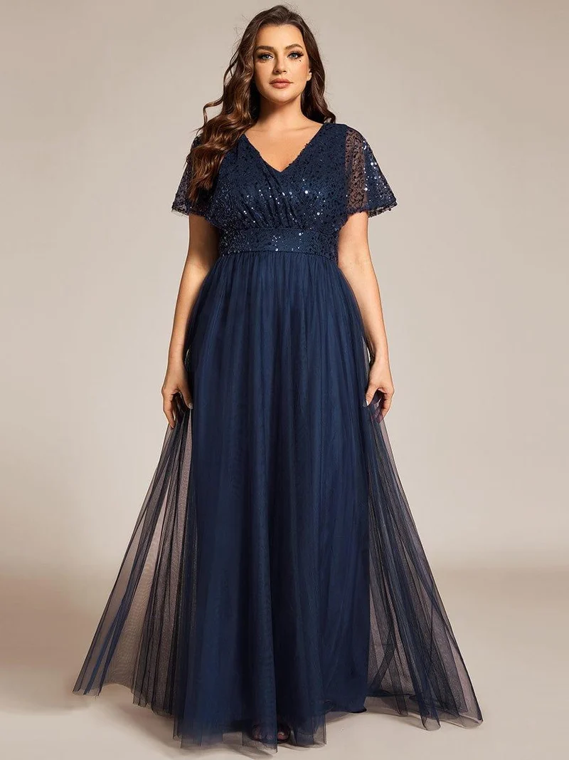 pretty NAVEYA|Robe de soirée formelle à paillettes manches courtes col en V grande taille