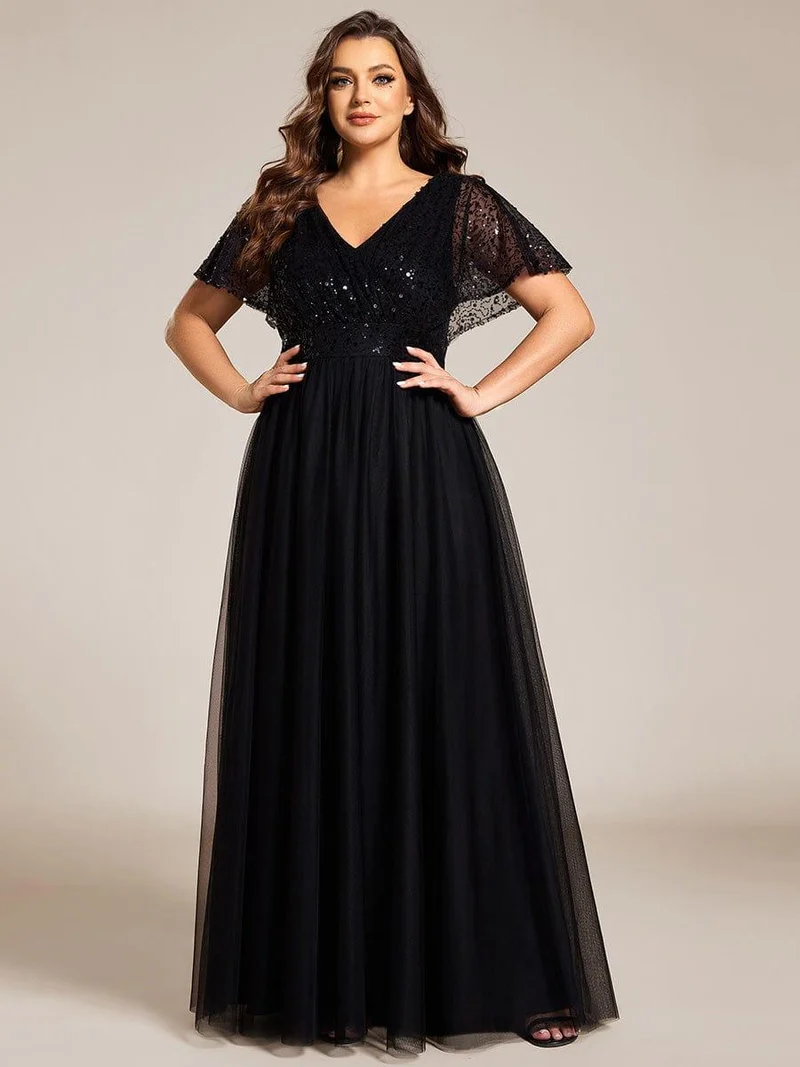 pretty NAVEYA|Robe de soirée formelle à paillettes manches courtes col en V grande taille