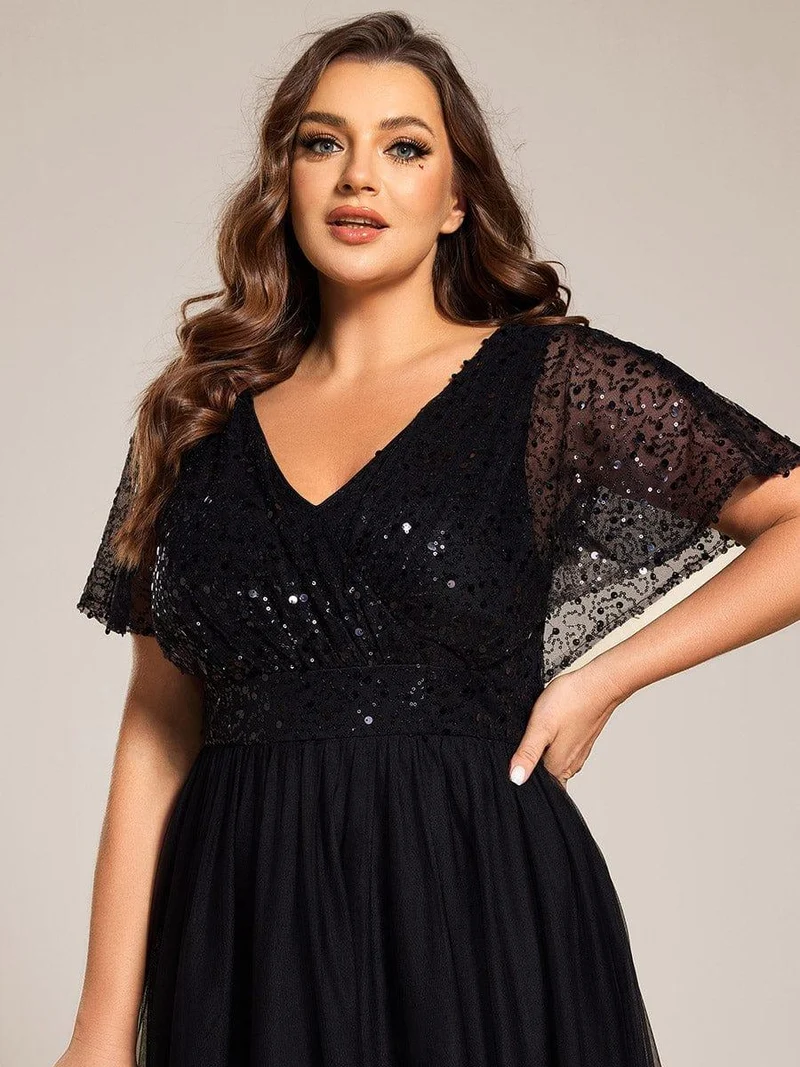 pretty NAVEYA|Robe de soirée formelle à paillettes manches courtes col en V grande taille