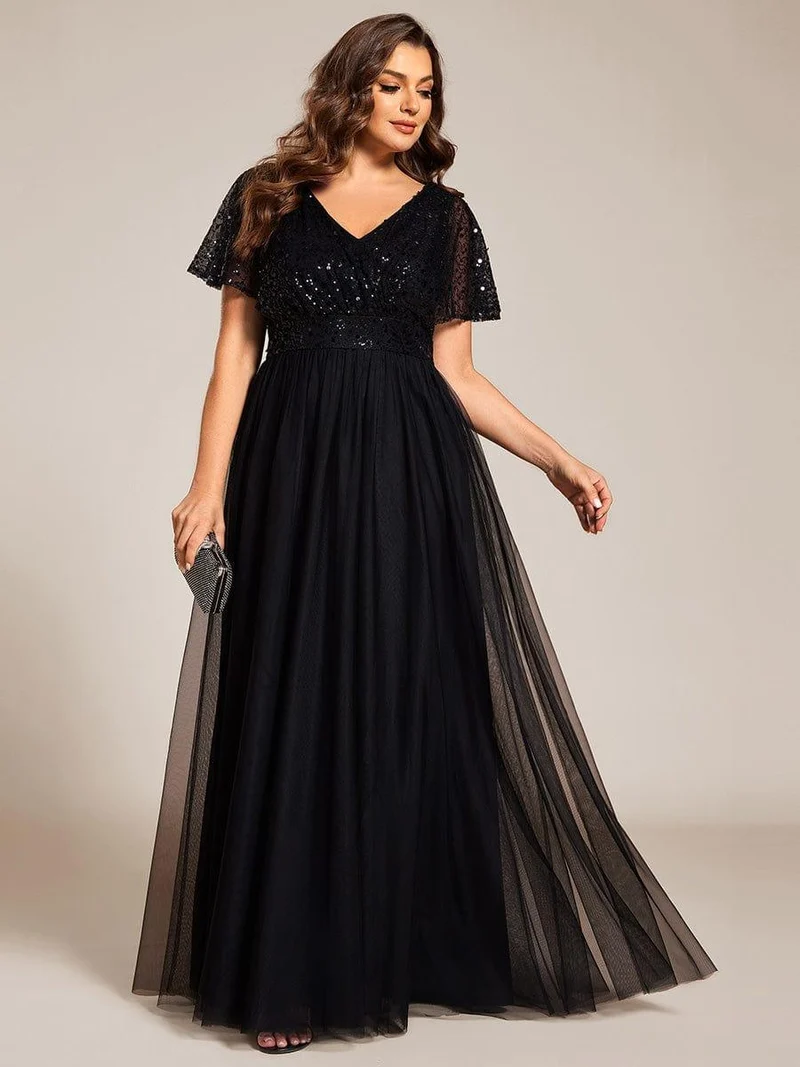 pretty NAVEYA|Robe de soirée formelle à paillettes manches courtes col en V grande taille