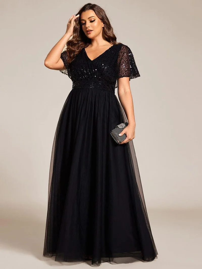 pretty NAVEYA|Robe de soirée formelle à paillettes manches courtes col en V grande taille