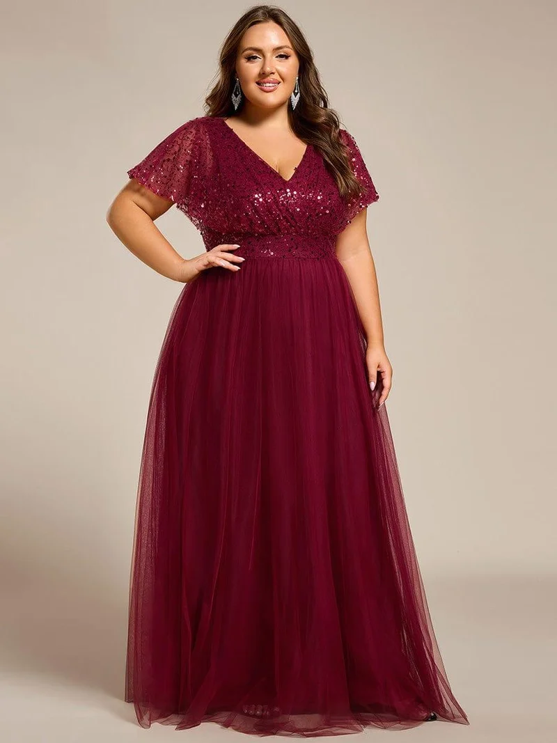 pretty NAVEYA|Robe de soirée formelle à paillettes manches courtes col en V grande taille