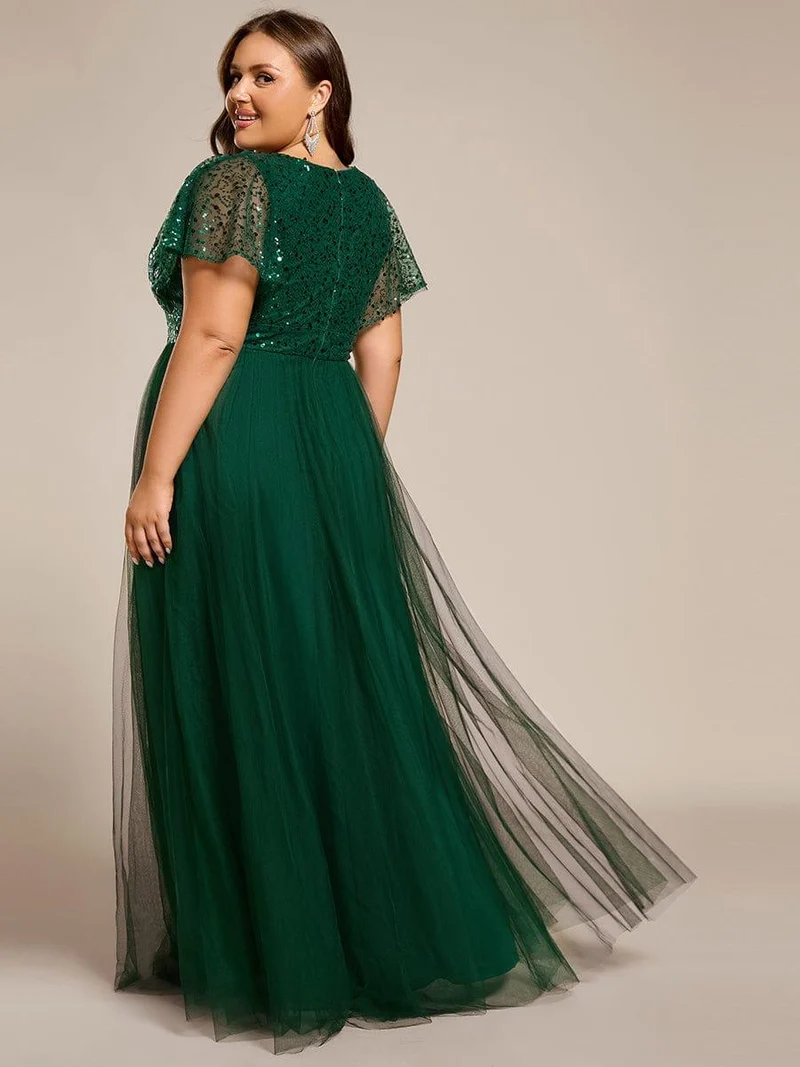 pretty NAVEYA|Robe de soirée formelle à paillettes manches courtes col en V grande taille