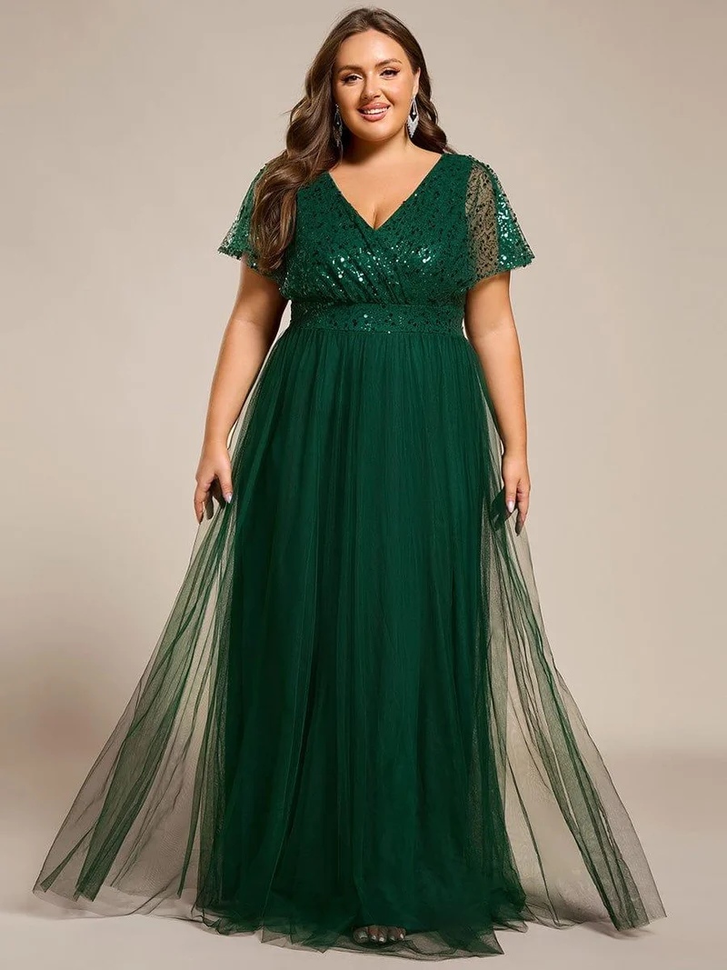 pretty NAVEYA|Robe de soirée formelle à paillettes manches courtes col en V grande taille
