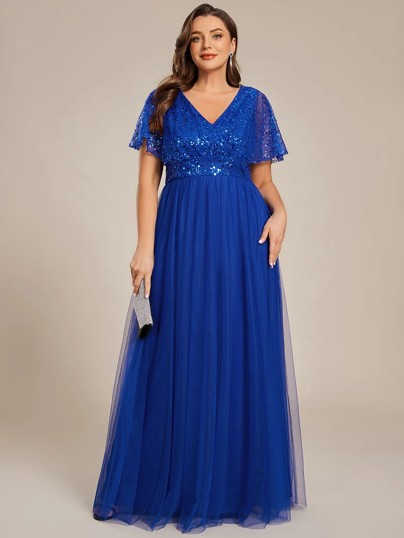 pretty NAVEYA|Robe de soirée formelle à paillettes manches courtes col en V grande taille