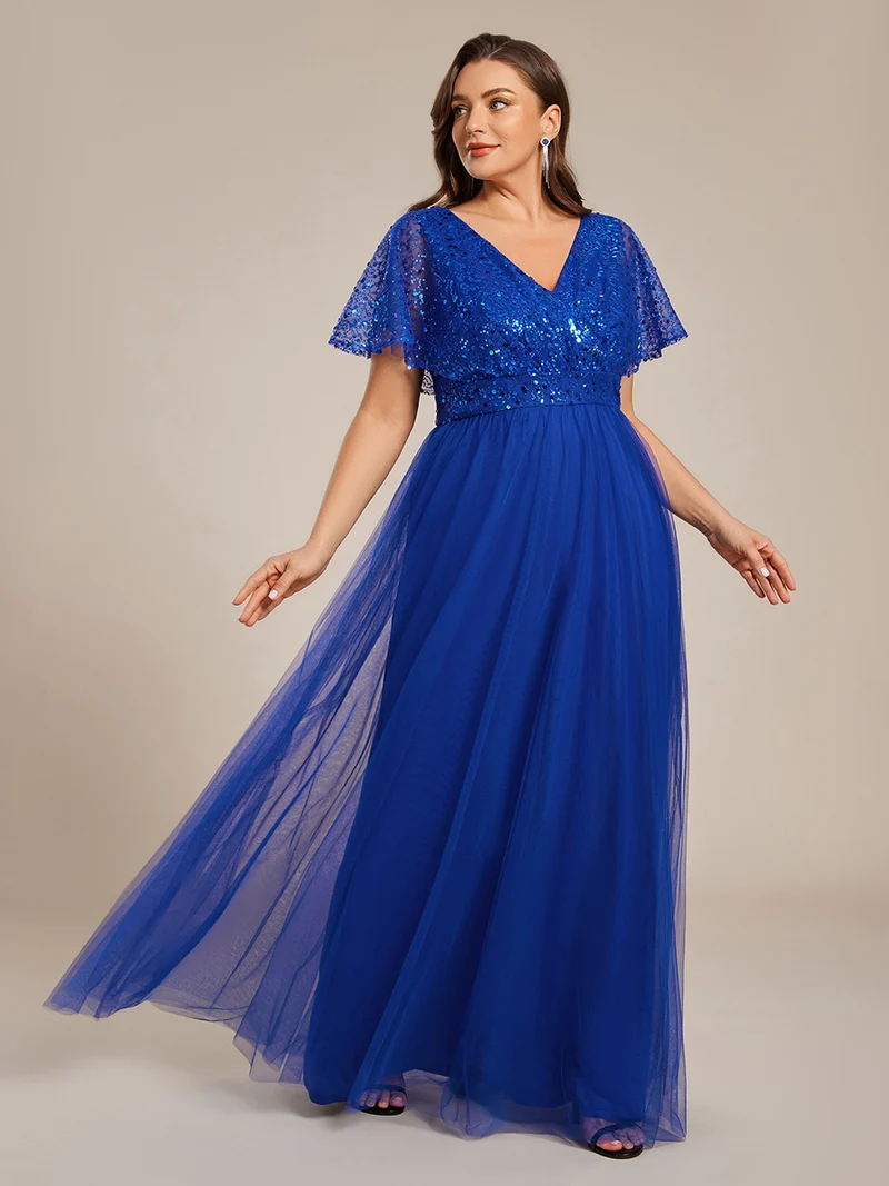 pretty NAVEYA|Robe de soirée formelle à paillettes manches courtes col en V grande taille
