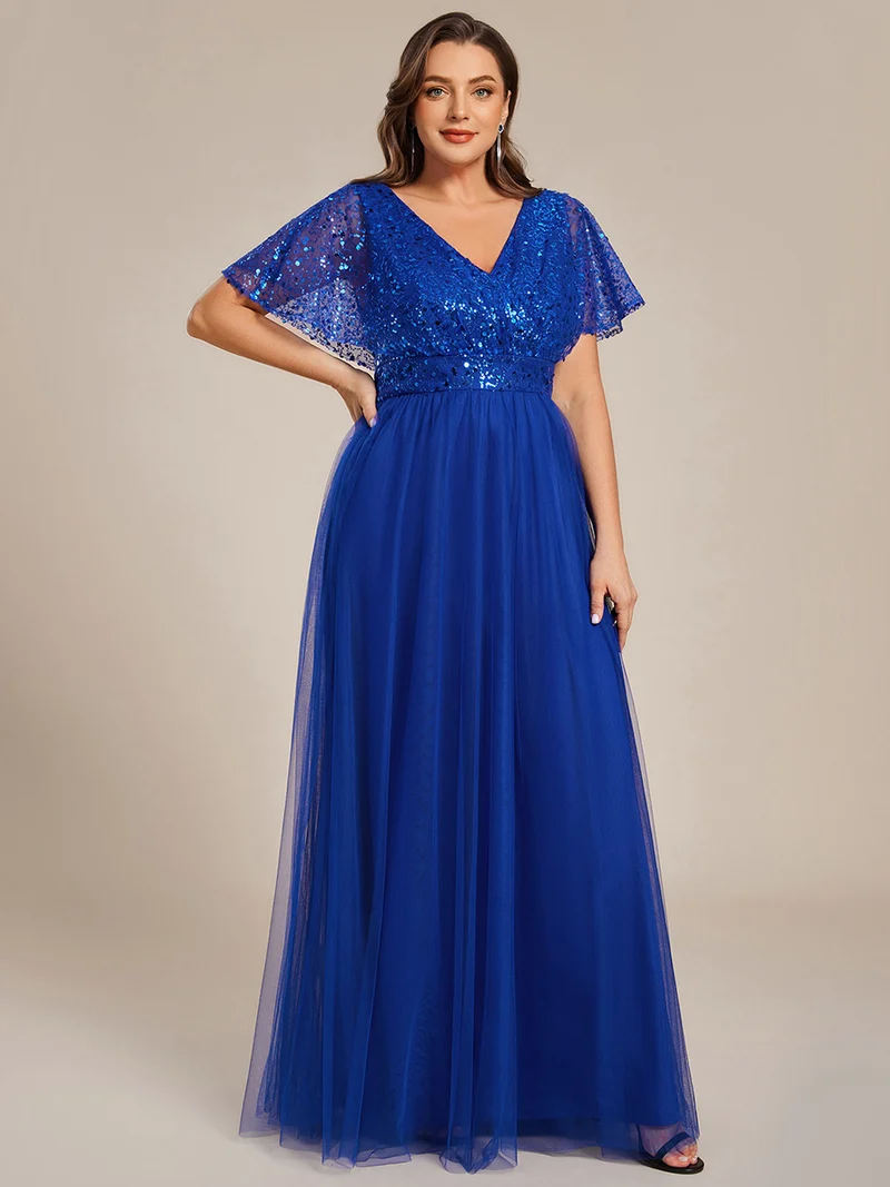 pretty NAVEYA|Robe de soirée formelle à paillettes manches courtes col en V grande taille