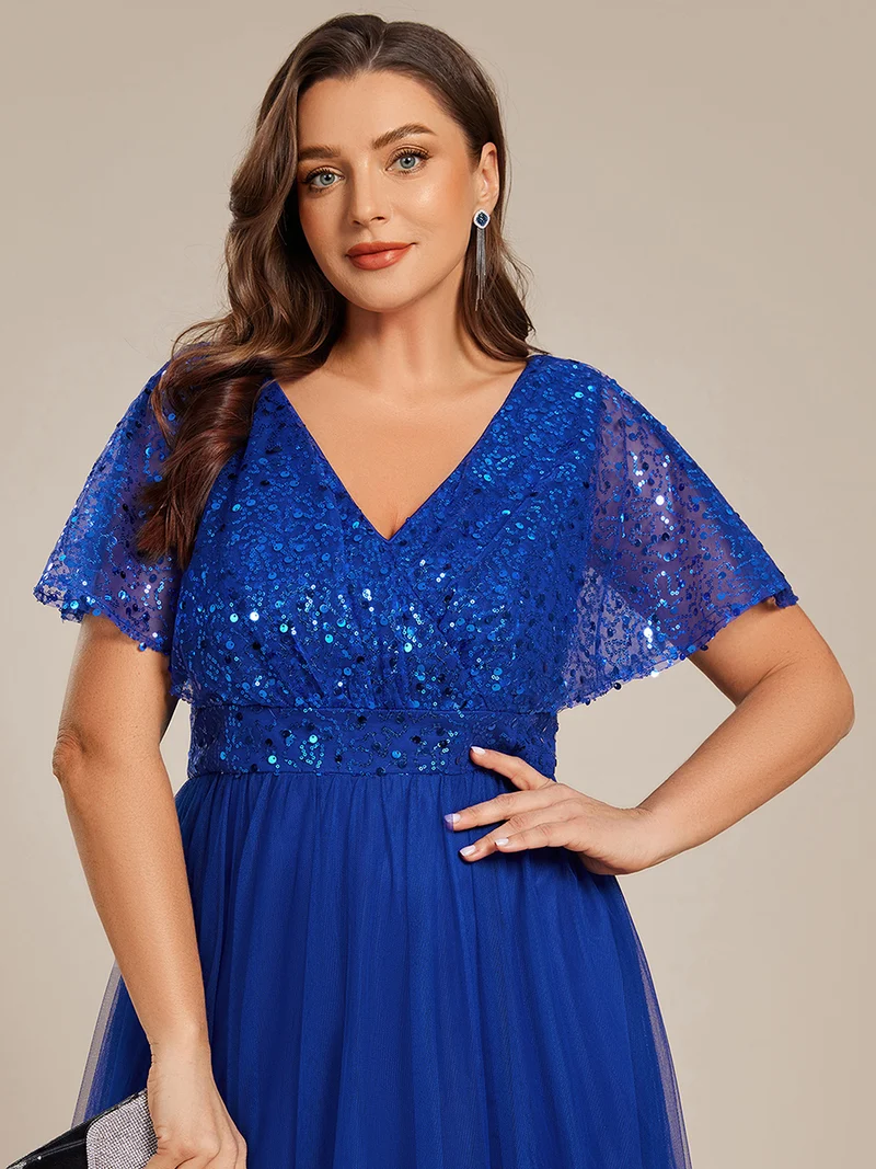 pretty NAVEYA|Robe de soirée formelle à paillettes manches courtes col en V grande taille