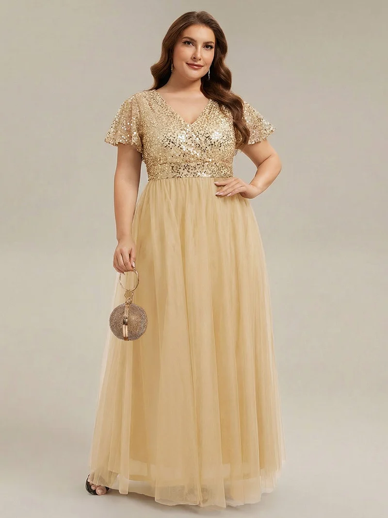 pretty NAVEYA|Robe de soirée formelle à paillettes manches courtes col en V grande taille