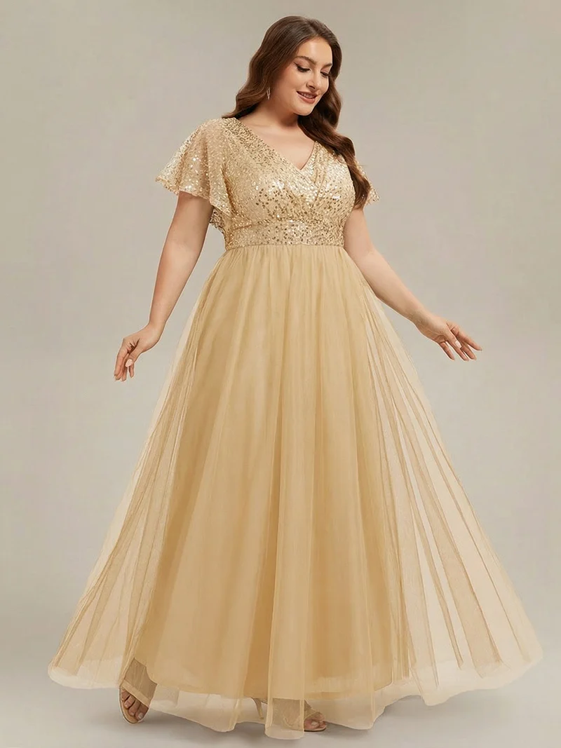 pretty NAVEYA|Robe de soirée formelle à paillettes manches courtes col en V grande taille