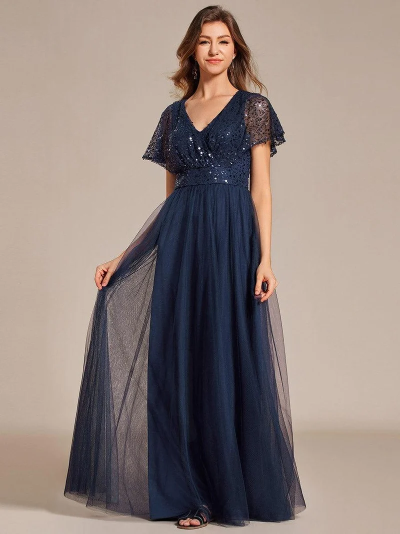 ever NAVEYA|Robe de soirée formelle en tulle à sequins scintillants et col en V