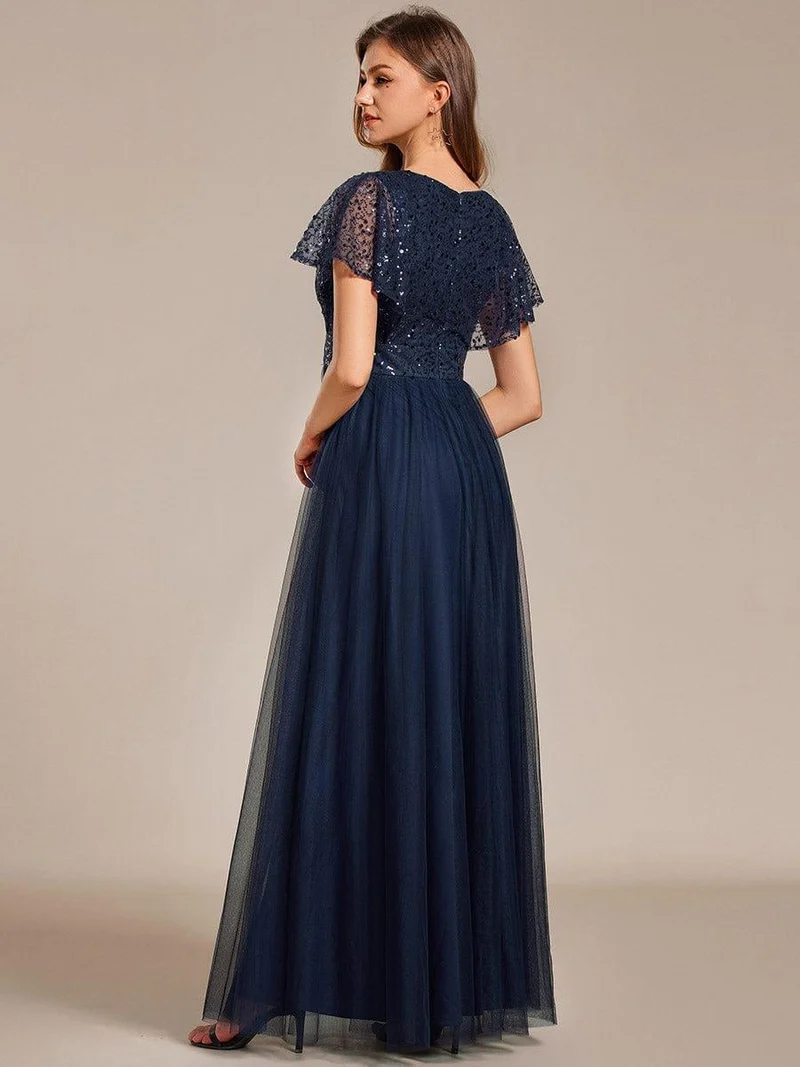 ever NAVEYA|Robe de soirée formelle en tulle à sequins scintillants et col en V