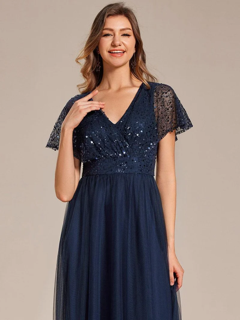 ever NAVEYA|Robe de soirée formelle en tulle à sequins scintillants et col en V