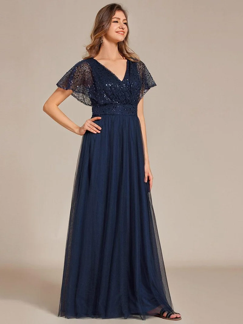 ever NAVEYA|Robe de soirée formelle en tulle à sequins scintillants et col en V