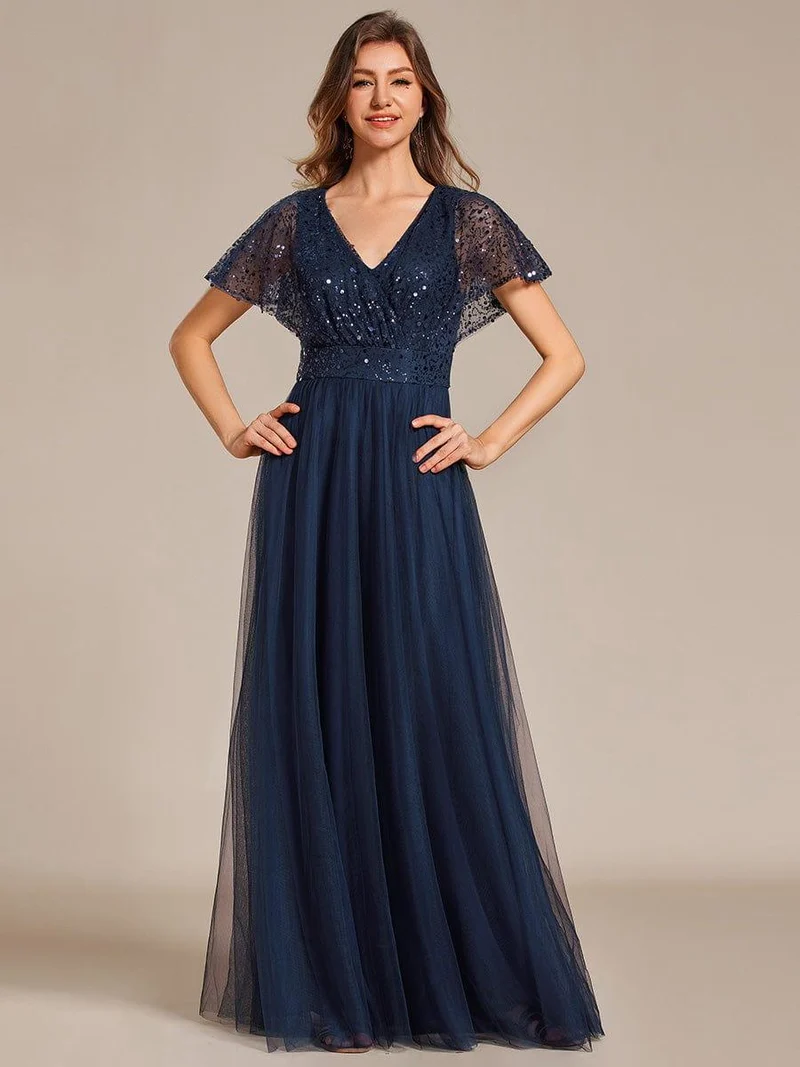 ever NAVEYA|Robe de soirée formelle en tulle à sequins scintillants et col en V
