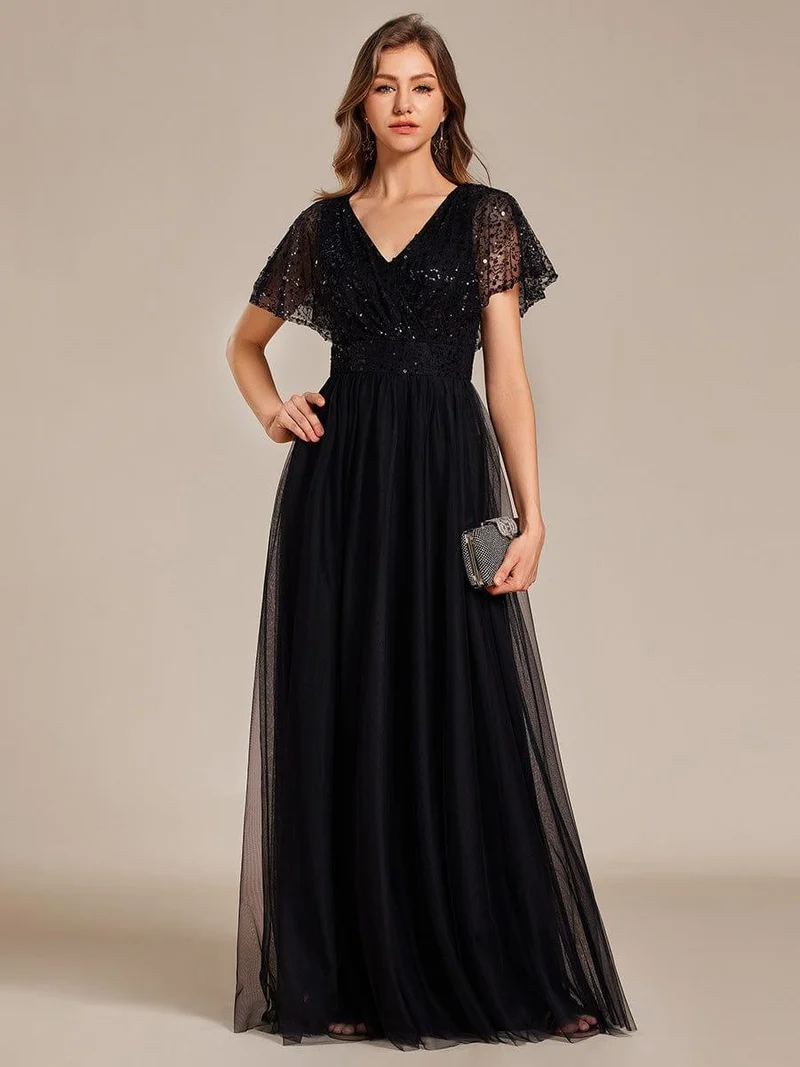 ever NAVEYA|Robe de soirée formelle en tulle à sequins scintillants et col en V