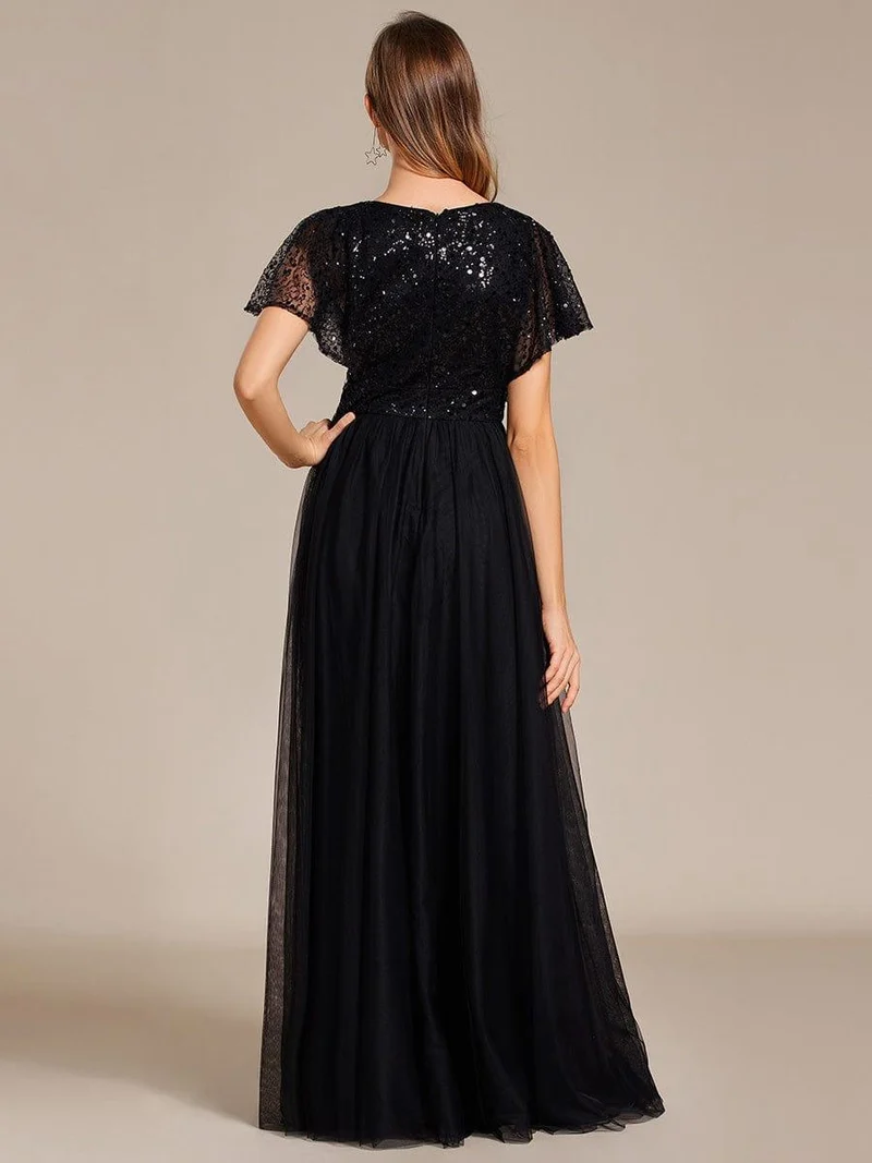 ever NAVEYA|Robe de soirée formelle en tulle à sequins scintillants et col en V