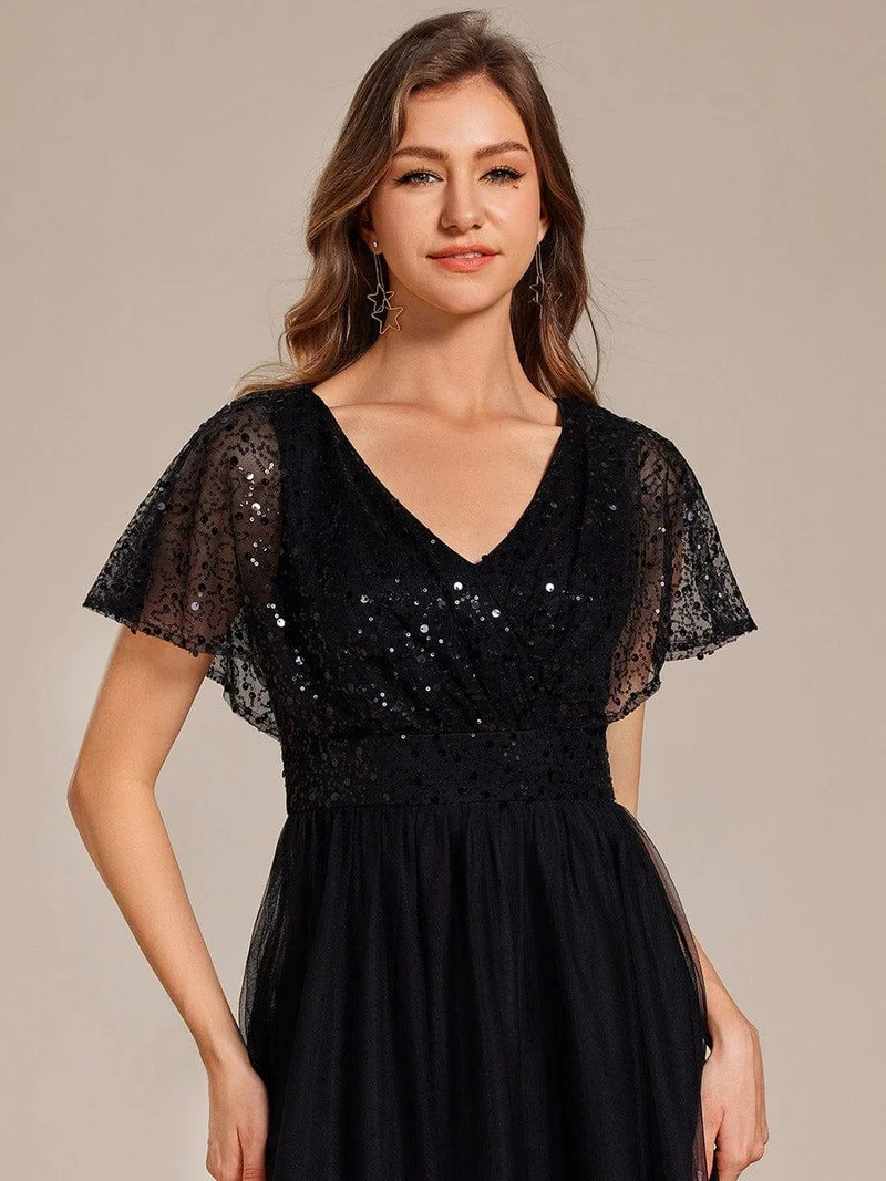 ever NAVEYA|Robe de soirée formelle en tulle à sequins scintillants et col en V