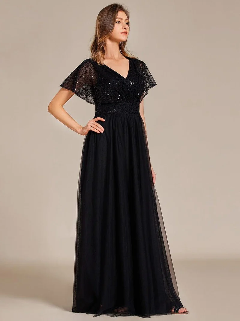 ever NAVEYA|Robe de soirée formelle en tulle à sequins scintillants et col en V