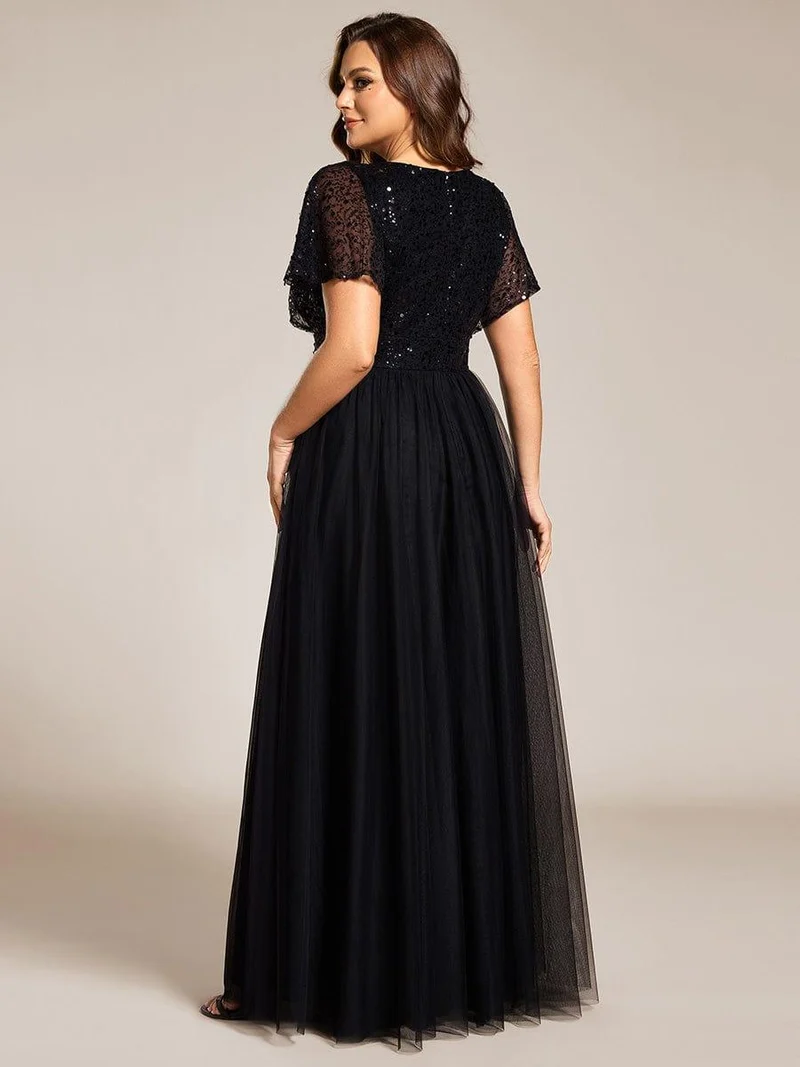 ever NAVEYA|Robe de soirée formelle en tulle à sequins scintillants et col en V