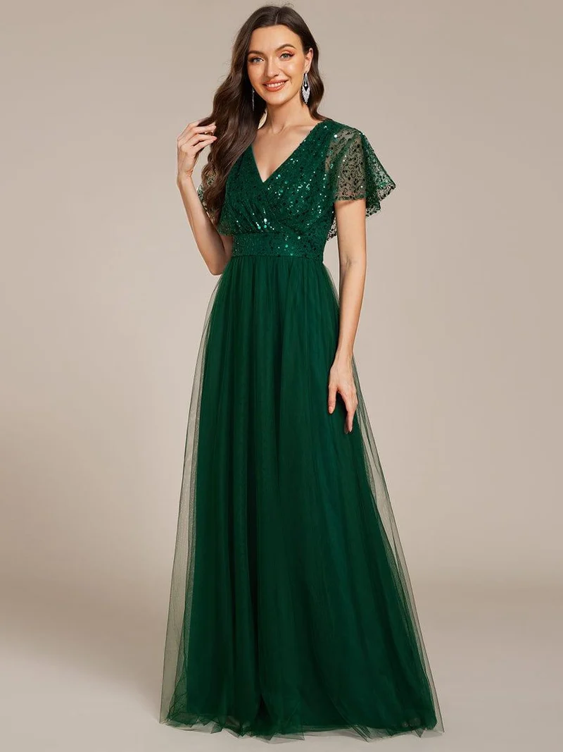 ever NAVEYA|Robe de soirée formelle en tulle à sequins scintillants et col en V