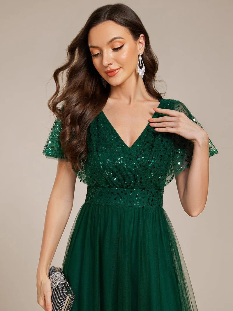 ever NAVEYA|Robe de soirée formelle en tulle à sequins scintillants et col en V