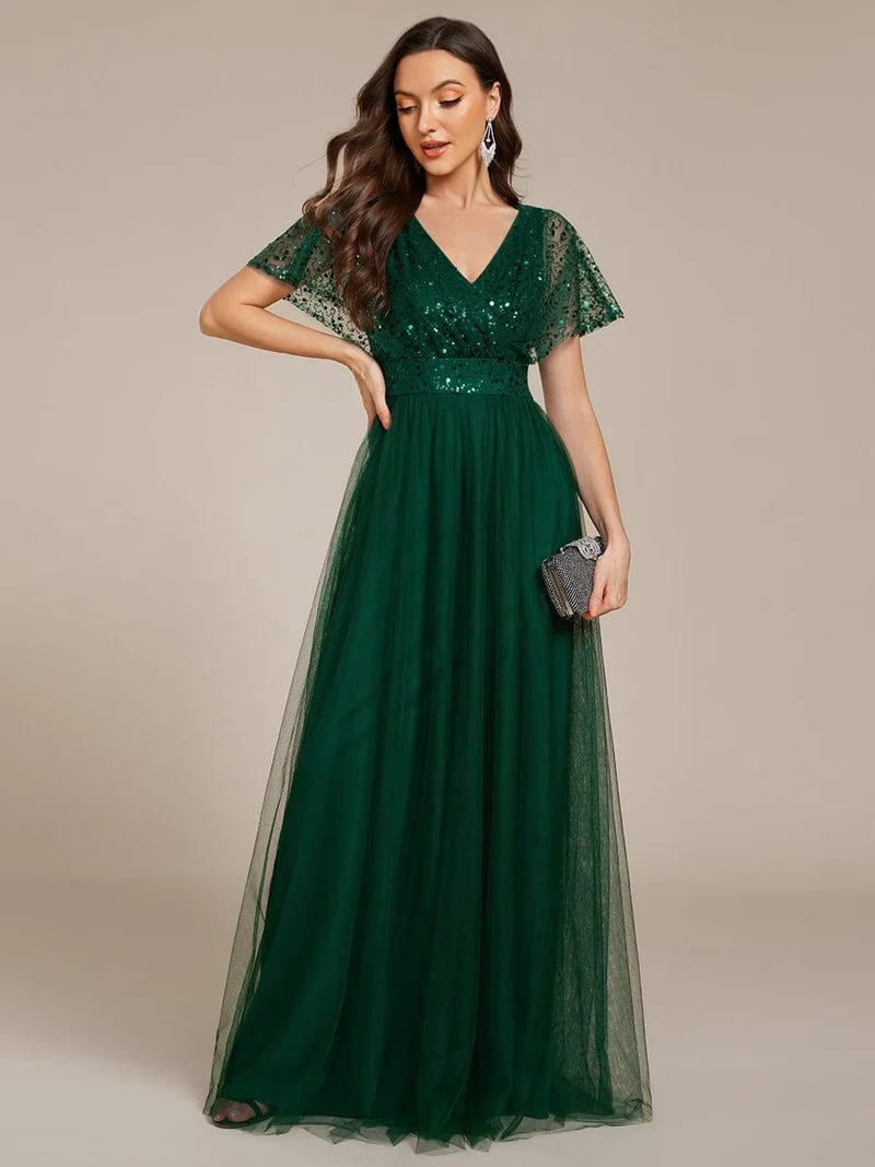 ever NAVEYA|Robe de soirée formelle en tulle à sequins scintillants et col en V