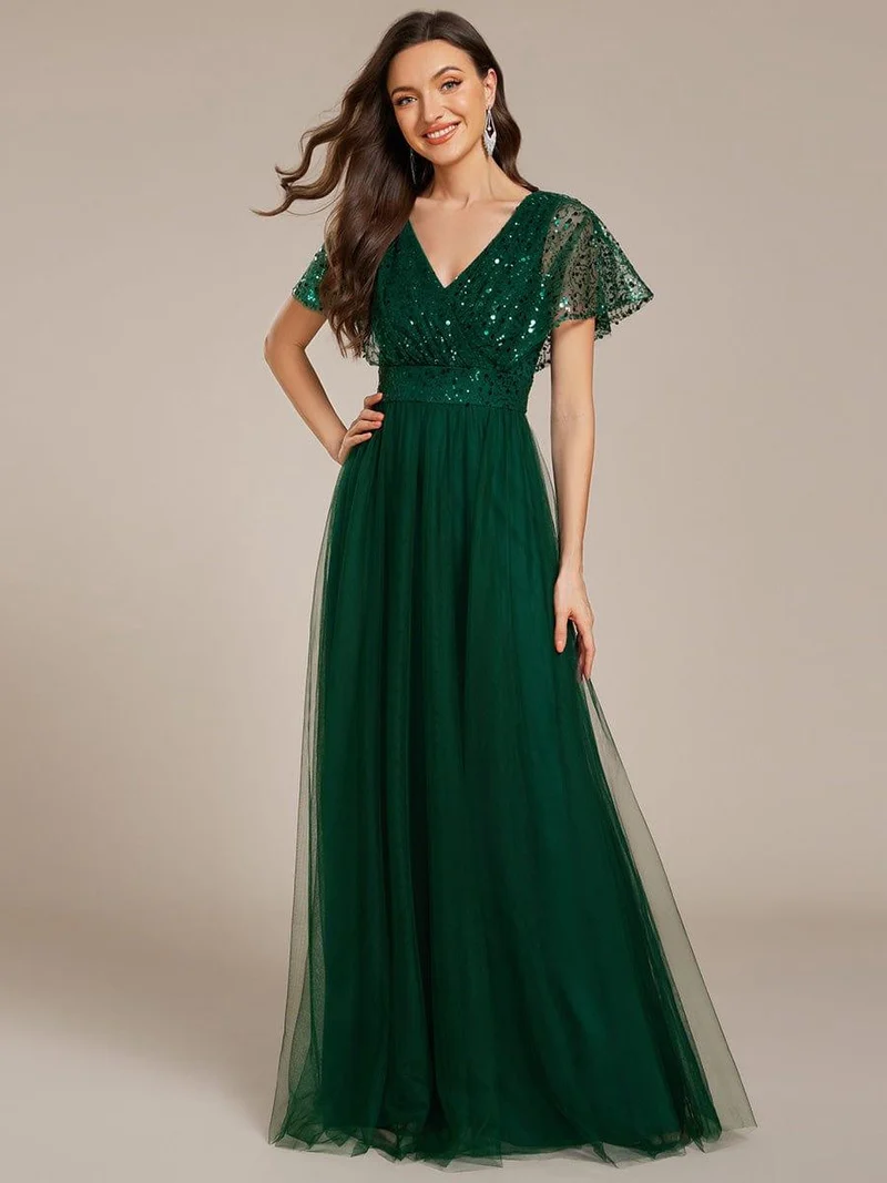 ever NAVEYA|Robe de soirée formelle en tulle à sequins scintillants et col en V