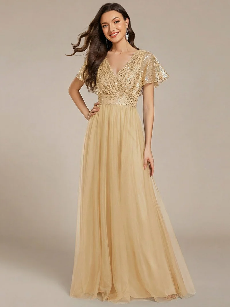 ever NAVEYA|Robe de soirée formelle en tulle à sequins scintillants et col en V