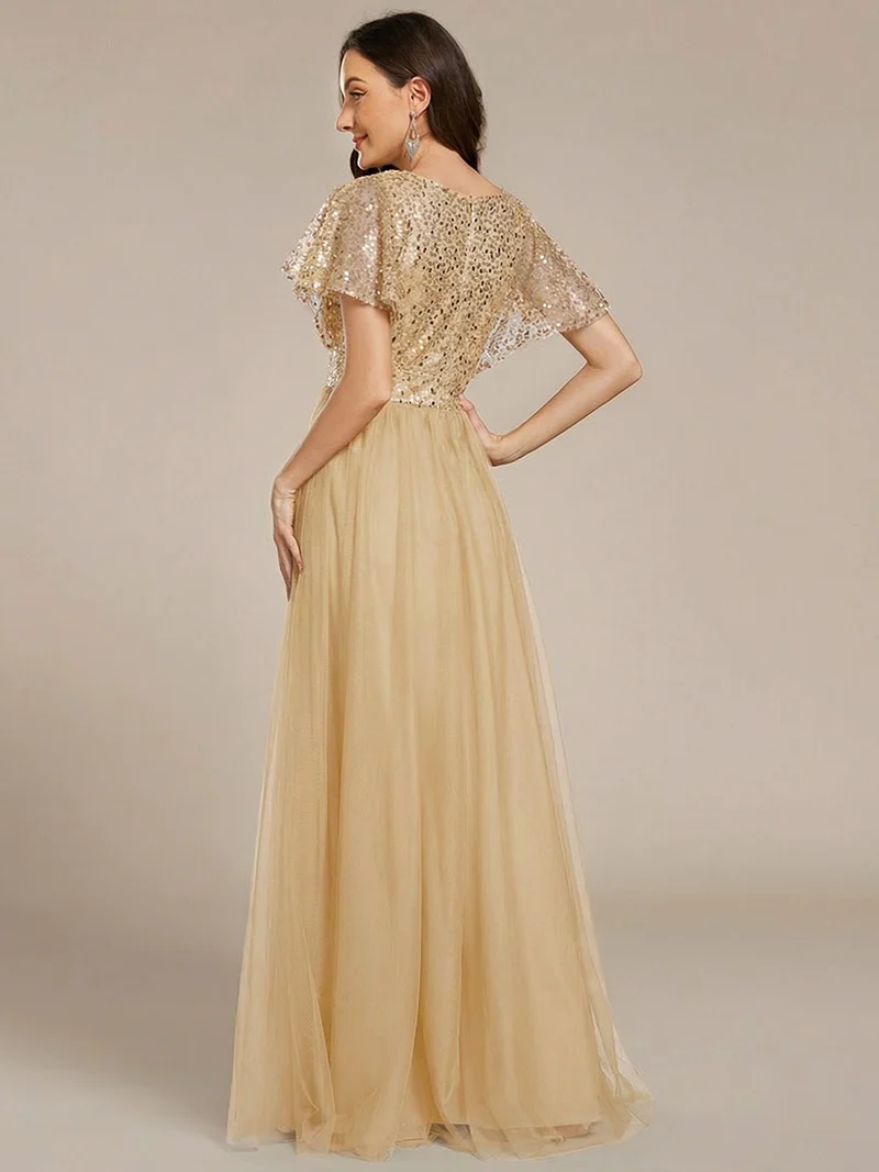 ever NAVEYA|Robe de soirée formelle en tulle à sequins scintillants et col en V