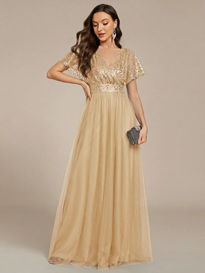 ever NAVEYA|Robe de soirée formelle en tulle à sequins scintillants et col en V