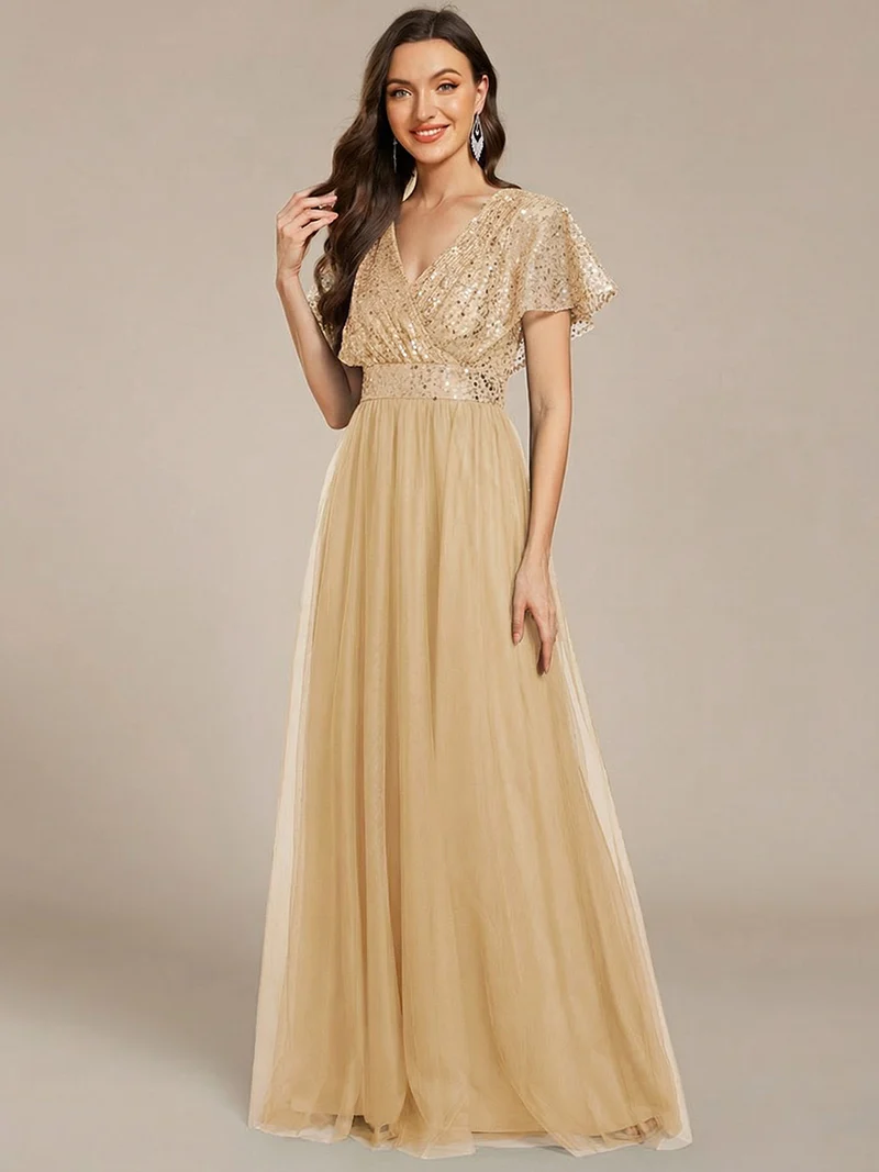 ever NAVEYA|Robe de soirée formelle en tulle à sequins scintillants et col en V