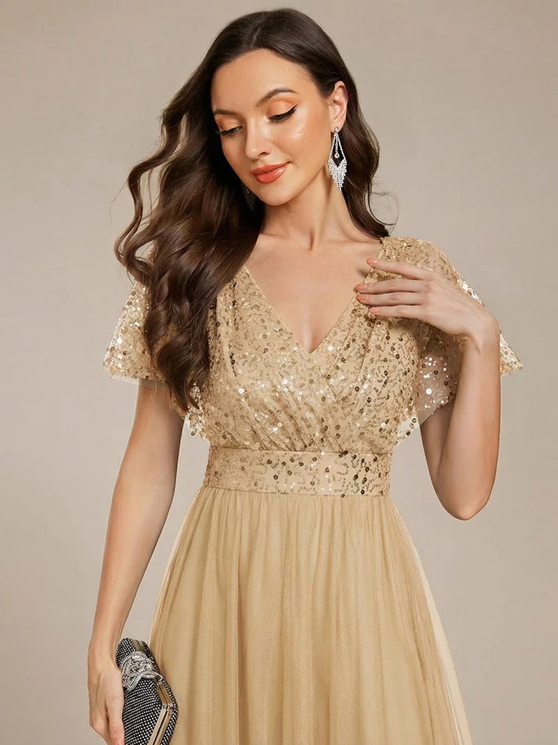 ever NAVEYA|Robe de soirée formelle en tulle à sequins scintillants et col en V