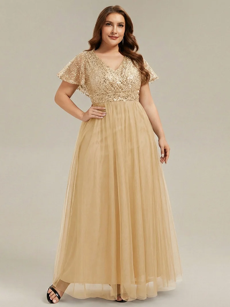 ever NAVEYA|Robe de soirée formelle en tulle à sequins scintillants et col en V