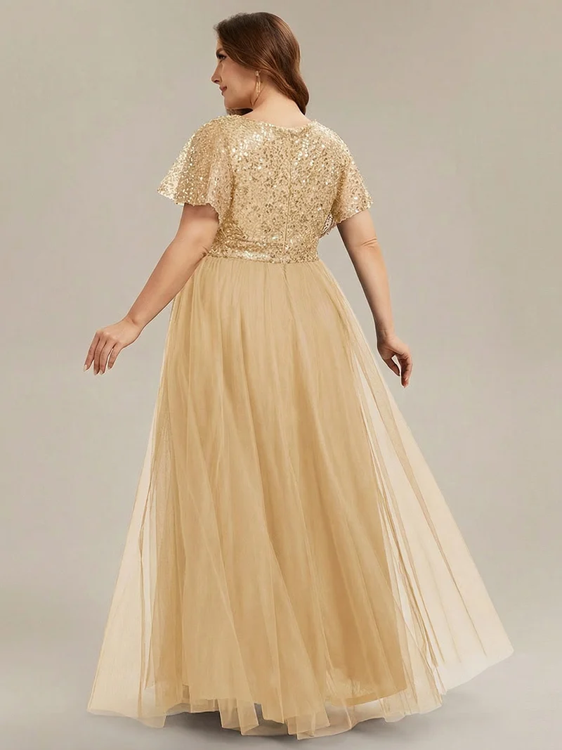 ever NAVEYA|Robe de soirée formelle en tulle à sequins scintillants et col en V