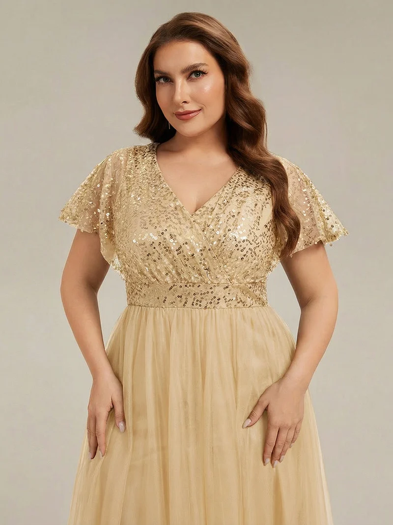 ever NAVEYA|Robe de soirée formelle en tulle à sequins scintillants et col en V