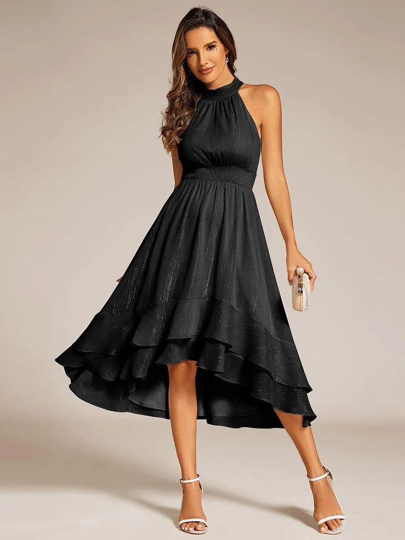 ever ZOYA|Robe d'invité de mariage plissée à volants haut-bas scintillante à col licou(Vente finale)