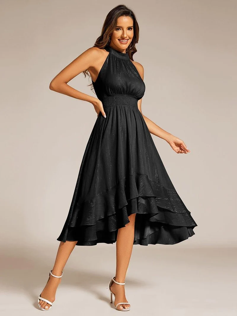 ever ZOYA|Robe d'invité de mariage plissée à volants haut-bas scintillante à col licou(Vente finale)