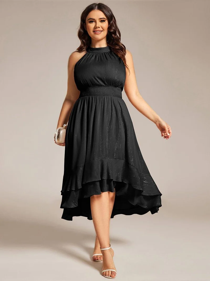 ever ZOYA|Robe d'invité de mariage plissée à volants haut-bas scintillante à col licou(Vente finale)