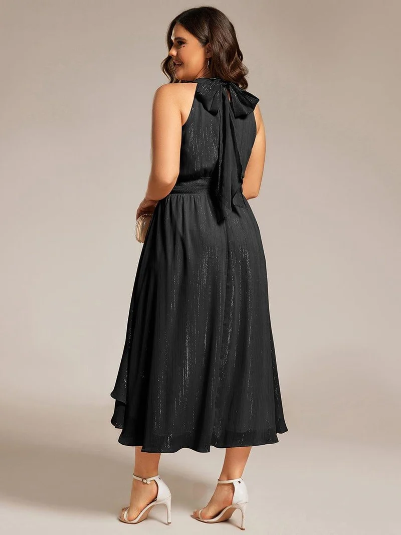 ever ZOYA|Robe d'invité de mariage plissée à volants haut-bas scintillante à col licou(Vente finale)