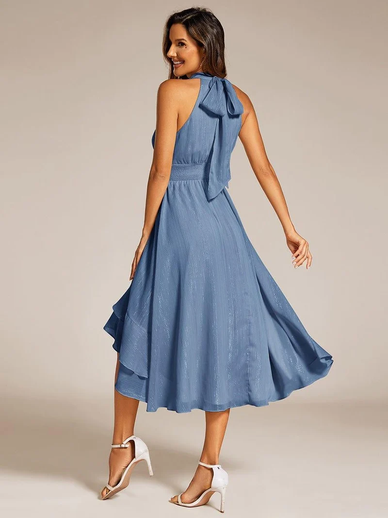 ever ZOYA|Robe d'invité de mariage plissée à volants haut-bas scintillante à col licou(Vente finale)