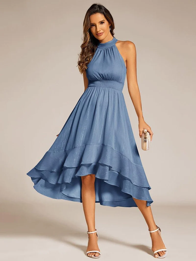 ever ZOYA|Robe d'invité de mariage plissée à volants haut-bas scintillante à col licou(Vente finale)