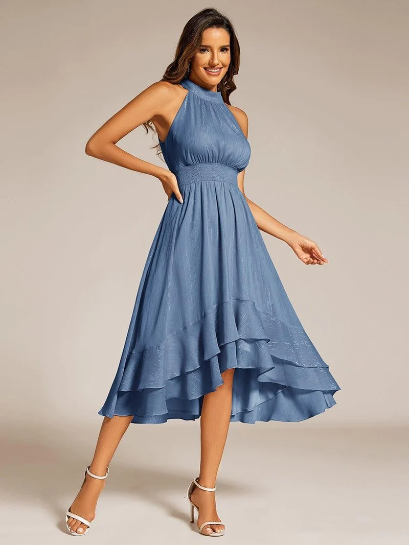 ever ZOYA|Robe d'invité de mariage plissée à volants haut-bas scintillante à col licou(Vente finale)