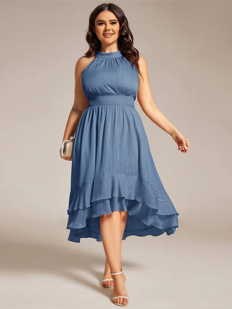 ever ZOYA|Robe d'invité de mariage plissée à volants haut-bas scintillante à col licou(Vente finale)