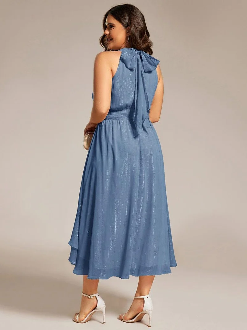 ever ZOYA|Robe d'invité de mariage plissée à volants haut-bas scintillante à col licou(Vente finale)