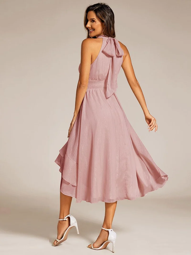 ever ZOYA|Robe d'invité de mariage plissée à volants haut-bas scintillante à col licou(Vente finale)