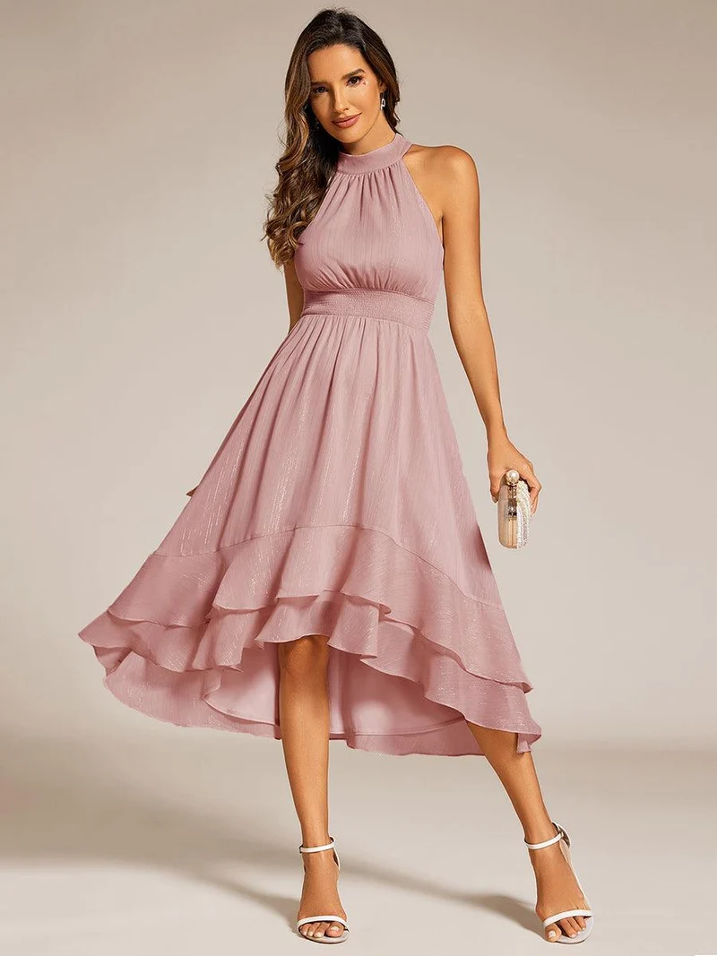 ever ZOYA|Robe d'invité de mariage plissée à volants haut-bas scintillante à col licou(Vente finale)