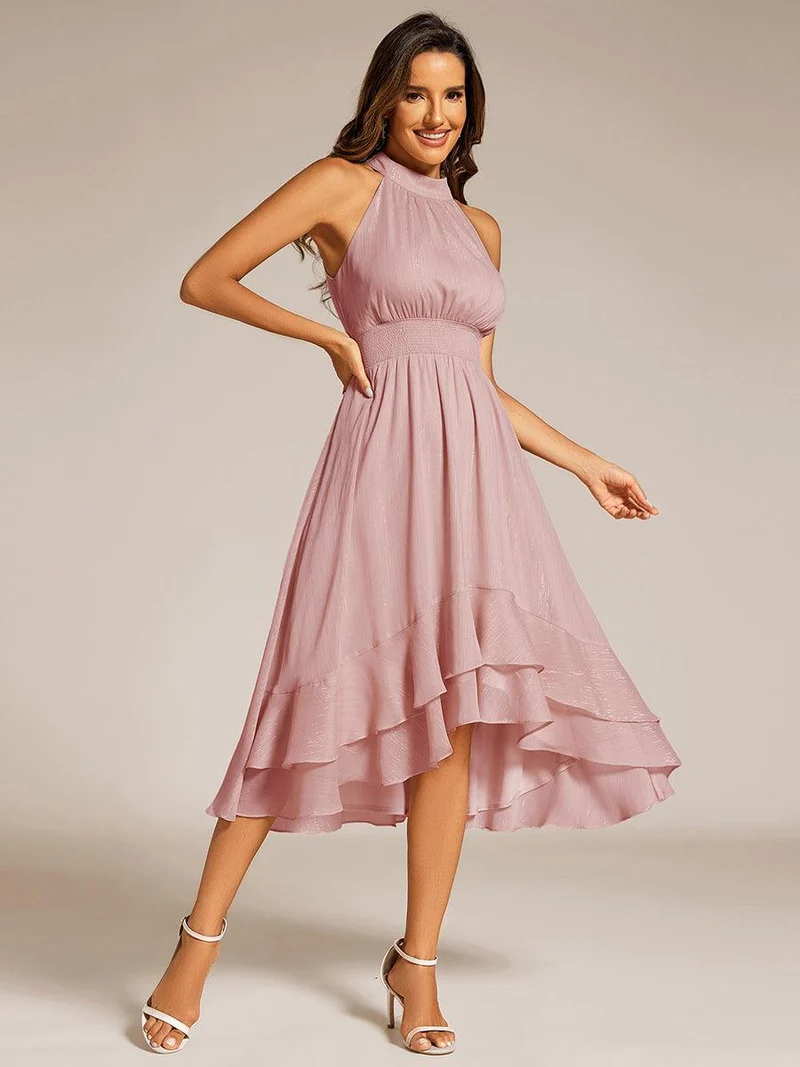 ever ZOYA|Robe d'invité de mariage plissée à volants haut-bas scintillante à col licou(Vente finale)